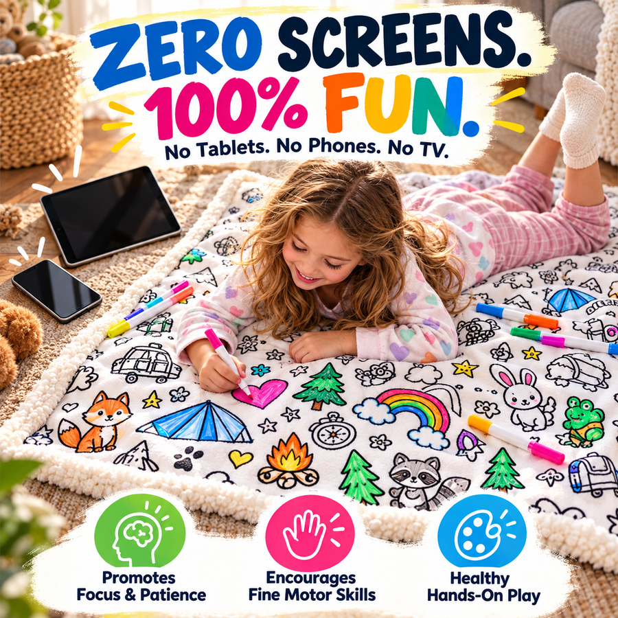 Child enjoying screen-free creative time with the ColorDream coloring blanket