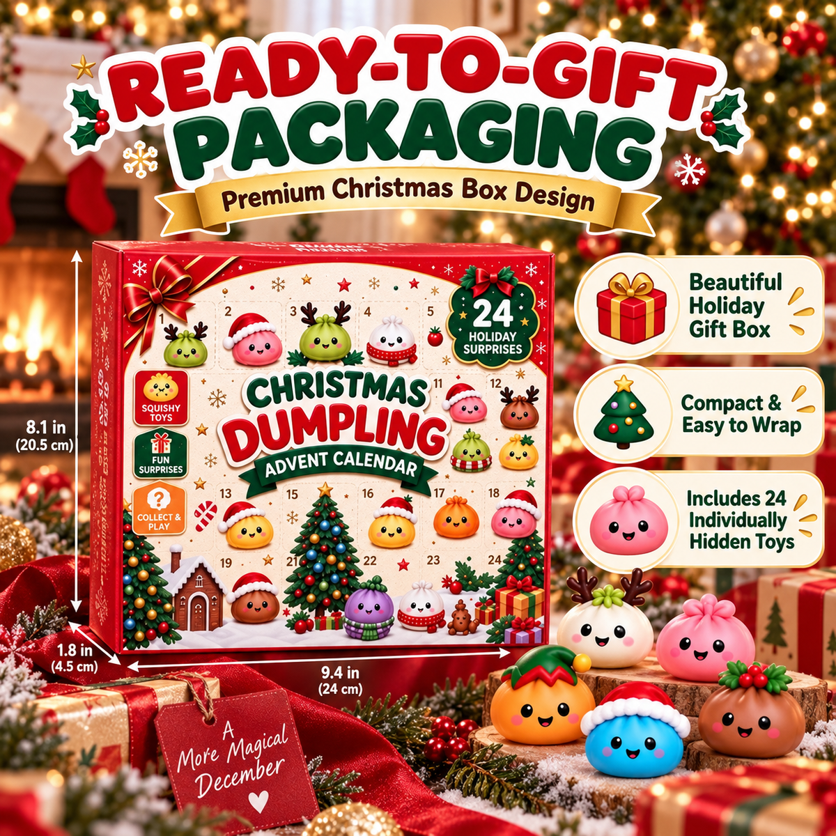 Ready-to-gift Christmas Dumpling Advent Calendar packaging and product dimensions