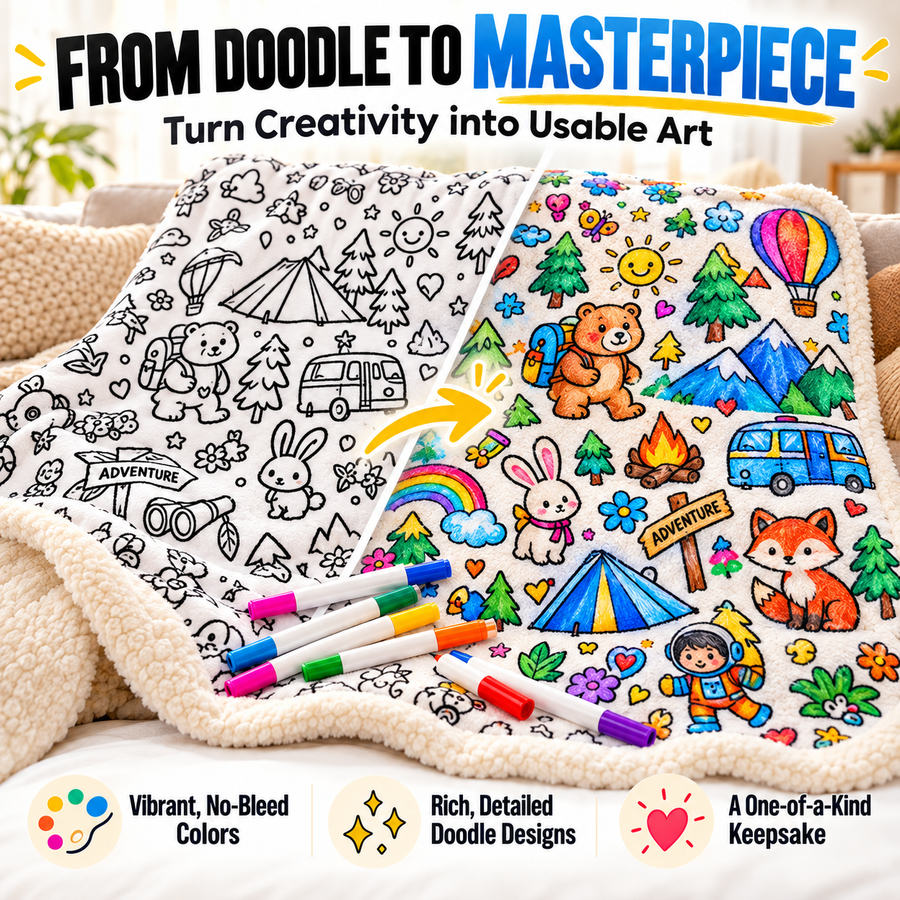ColorDream blanket changing from black-and-white outlines into colorful usable art