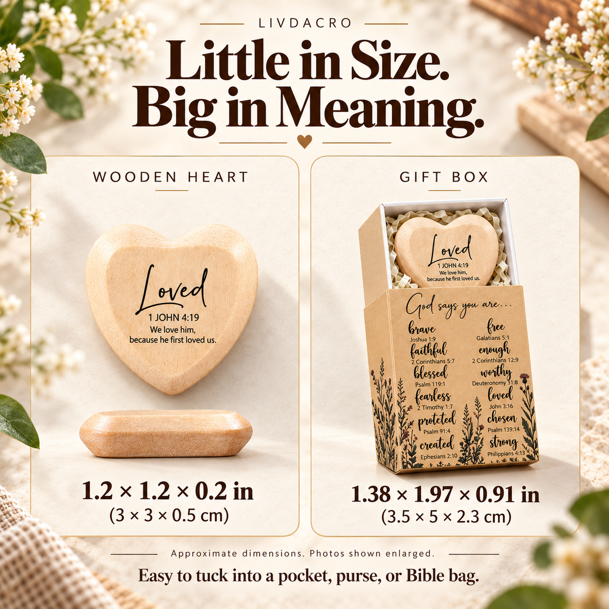 Wooden heart and gift box size comparison, with measurements in inches and centimeters