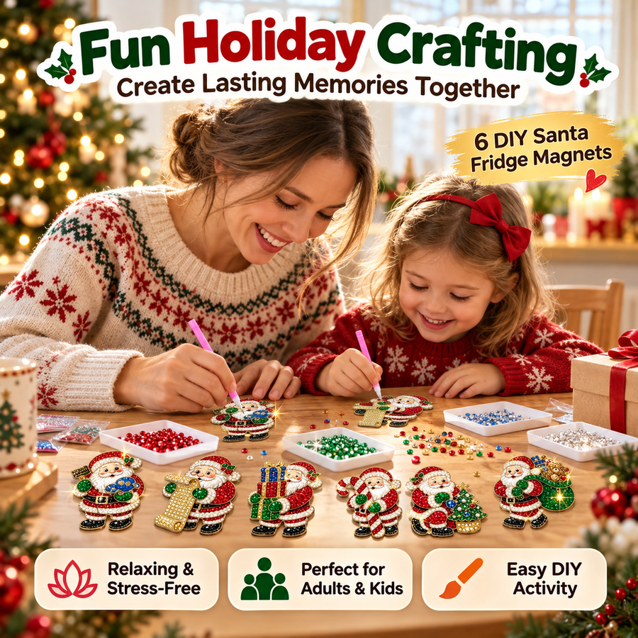 An adult and child making Santa diamond painting magnets together
