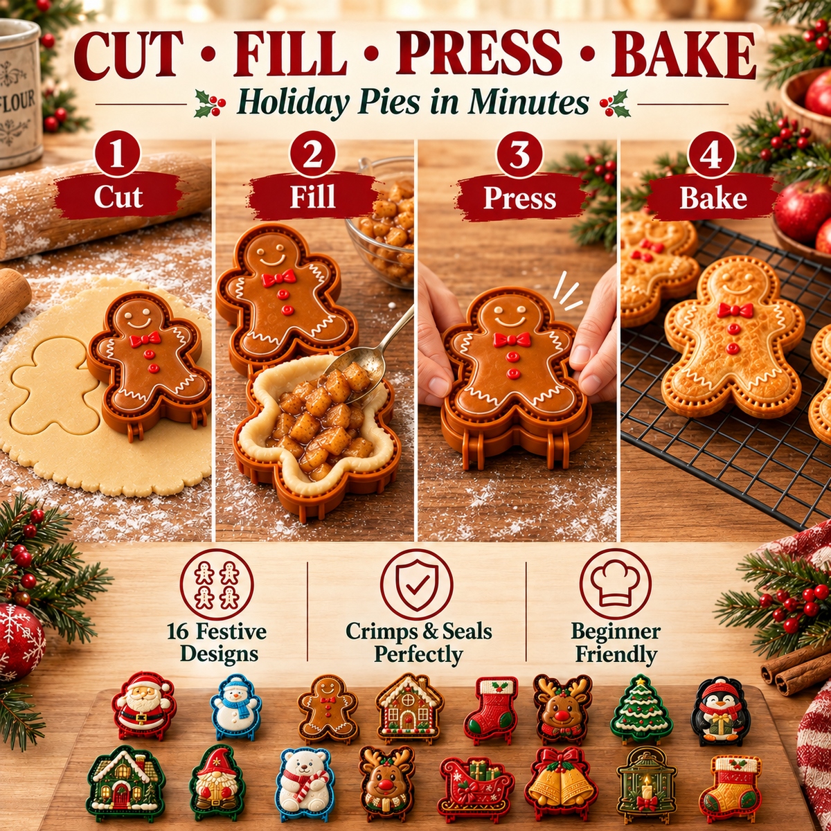🎄 Christmas Mini Pie Molds – 16 Festive Designs