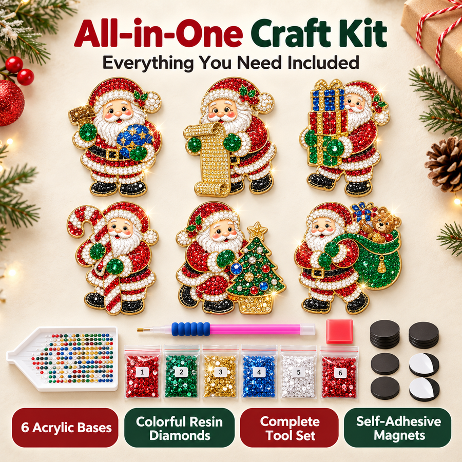 Six Santa bases, decorative pieces, placement tools and magnetic backing