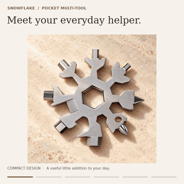 Snowflake multi-tool: product overview, metal detail, turning nuts and screws, opening a bottle and unpacking a parcel.